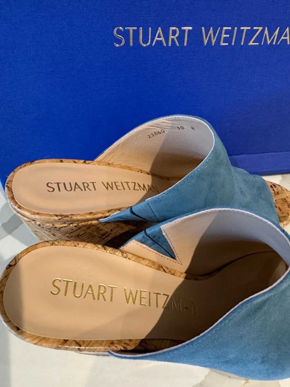 Stuart Weitzman Teal Blue Suede Cork Wedge Mules 10